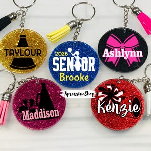 Personalized Glitter Cheerleader Keychain: Custom Cheer Team Megaphone Bag Tag