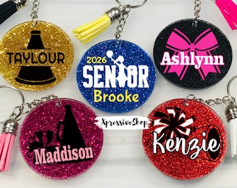 Personalized Glitter Cheerleader Keychain: Custom Cheer Team Megaphone Bag Tag