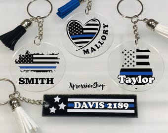 Personalized Thin Blue Line Keychain: Police Officer Badge Number Gift | Police Appreciation Week