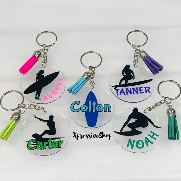 Personalized Surfer Keychain, Acrylic Surf Keychain, Surfing Bag Tag, Surfboard Keychain, Surfer Gift, Surfs Up, Surfing Gift