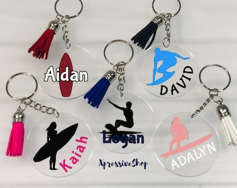 Personalized Surfer Keychain, Acrylic Surf Keychain, Surfing Bag Tag, Surfboard Keychain, Surfer Gift, Surfs Up