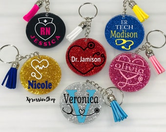 Personalized Nurse Keychain Gift, Glitter Doctor Nurse Acrylic Keychain, Stethoscope Keychain, Future Nurse Graduation Gift, Medical Gift