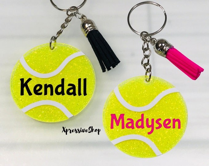 Personalized Tennis Keychain, Glitter Tennis, Tennis Bag Tag, Tennis Team Gift, Tennis Racket Keychain, Tennis Gift, Tennis Player Keyring