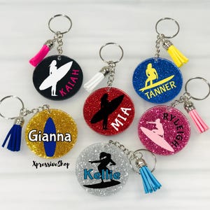Personalized Surfer Keychain, Acrylic Surf Keychain, Surfing Bag Tag, Surfboard Keychain, Surfer Gift, Surfs Up, Glitter Surfing Keychain
