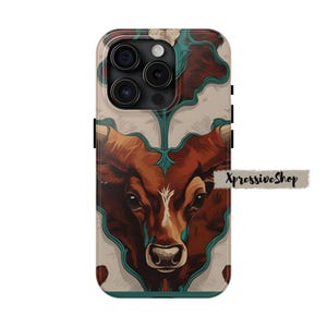 Western Longhorn Bull Phone Case, Bold Ranch Cow Art Phone Case Vintage Rodeo Aesthetic, Retro Teal Cowhide Phone Case, Cow Print Phone Case