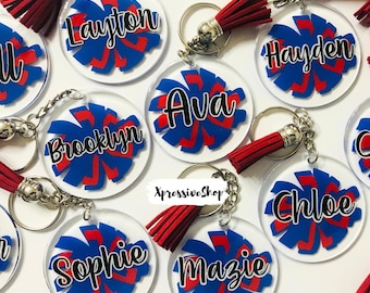 Personalized Cheerleader Keychain, Custom Name Cheer Team Gift, Cheer Bow Megaphone Pom Bag Tag