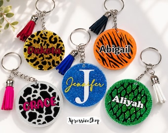 Personalized Glitter Acrylic Keychains, Monogram Glitter Tag, Name & Initial Custom Keychain, Animal Print Keychain - Cheetah Leopard Tiger