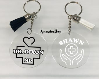 Personalized Doctor Keychain: MD Medical Student Staff Gift, Caduceus Charm