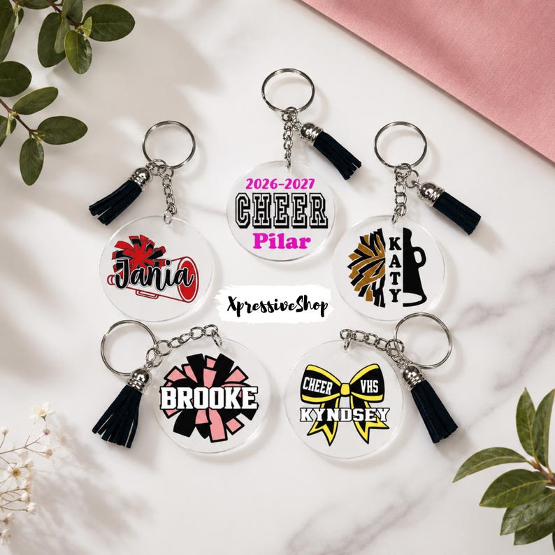 Personalized Cheerleader Keychain, Custom Name Cheer Team Gift, Cheer Bow Megaphone Pom Bag Tag