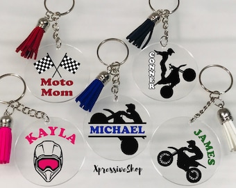 Personalized Motocross Keychain: Acrylic Dirt Bike Rider Tag, MX Racing Gift, Motocross Helmet