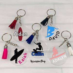 Personalized Surfer Keychain, Acrylic Surf Keychain, Surfing Bag Tag, Surfboard Keychain, Surfer Gift, Surfs Up