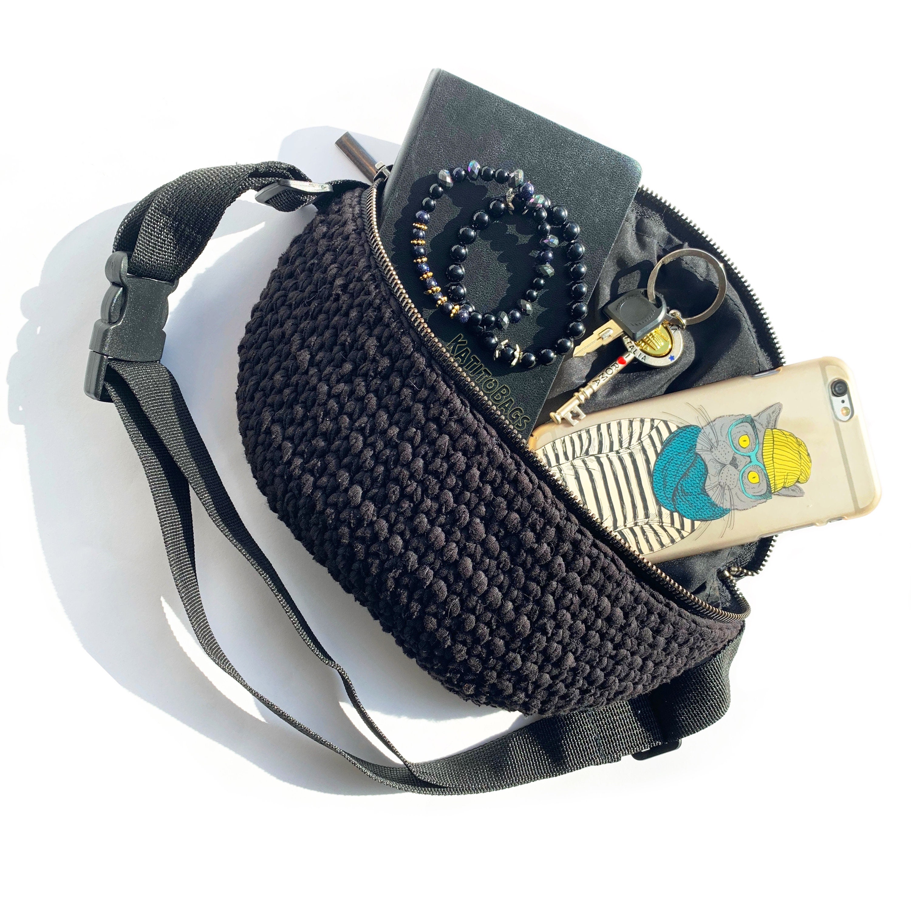 Black Crochet Fanny Pack Leather Waist Bag Cotton Waist Bag Etsy