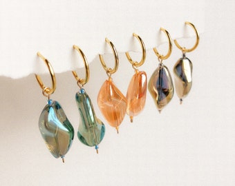 Aurora Hoop Earrings - Single Iridescent Glass Bead, Minimalist and Unique, Gold Filled and Gold Plated 925 Silver, Hypoallergenic