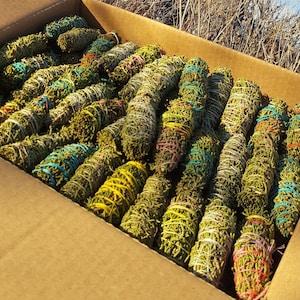 May include: A cardboard box filled with numerous bundles of dried sage. Each bundle is wrapped with twine and secured with colorful rubber bands. The sage has a green hue, and the rubber bands are in various colors.