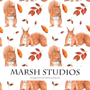 Red Squirrel Seamless Pattern, Woodland Creatures, Digital Download