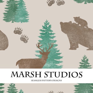 May include: A seamless pattern design featuring brown bears, deer, and pine trees on a light beige background. The pattern also includes brown bear paw prints. The text "MARSH STUDIOS, SEAMLESS PATTERN DESIGNS" is at the bottom of the image.