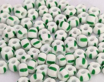 WHITE GREEN STRIPES Size 3/0 Vintage Czech Seed / Pony Beads Striped Opaque Glass 10 grams