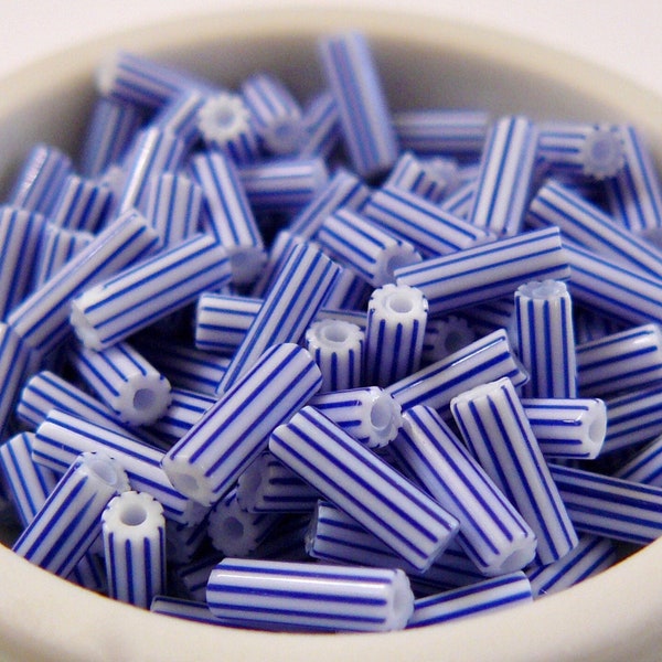 STRIPED NAVY WHITE blue vintage Czech 2.5 x 7 mm colorfast opaque patterned glass tube bugle beads 10 grams