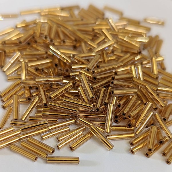 24 KARAT GOLD LINED size 4 crystal clear 9mm Czech transparent glass bugle tube beads 5 or 10 gram package