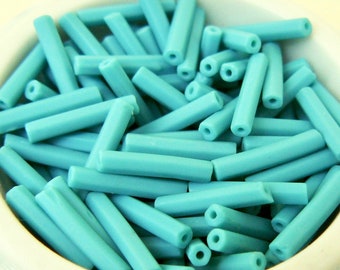 MATTE TURQUOISE GREEN Hex Cut Vintage Czech 2 x 11 mm Colorfast Opaque Glass Tube Bugle Beads 10 grams