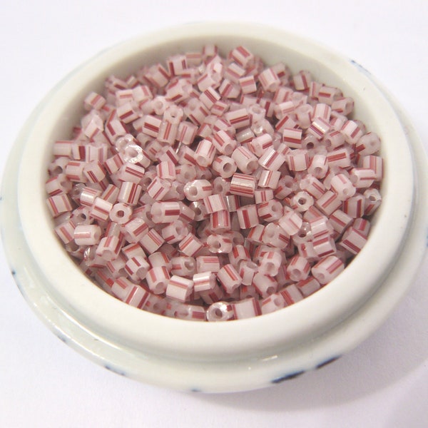 GREASY WHITE BRICK Red Striped Hudson Bay Antique Italian Venetian 2 x 2 mm Translucent Waxy Glass Bugle Tube Tile Seed Beads 10 grams