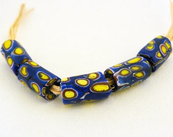 SET of 5 ANTIQUE MILLEFIORI African Trade Beads Blue Yellow Red Handmade Venetian Murano Glass 8 - 9 mm x 14 - 15 mm