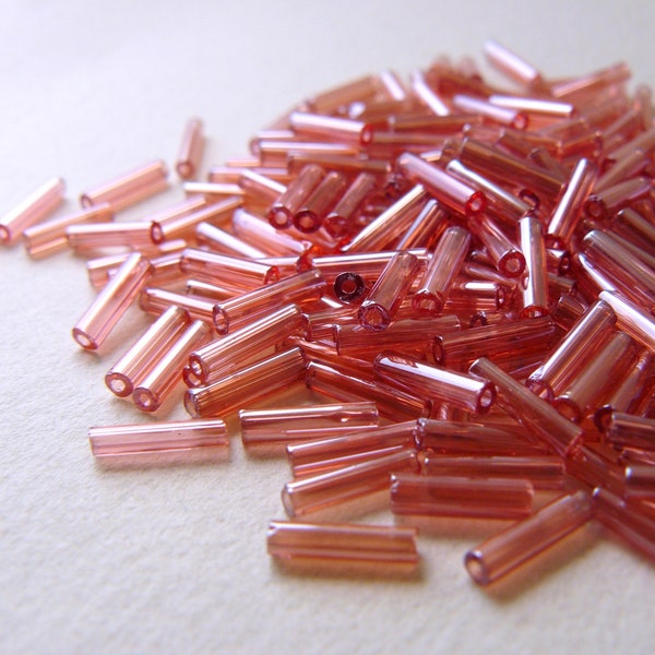 LUSTERED CRANBERRY PINK Gold Rosaline Vintage Czech 1.75 x 7 mm Colorfast Transparent Glass Tube Size 3 Bugle Beads 10 grams