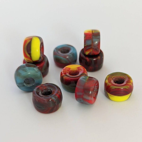 MIXED COLORS Red Blue Yellow Brown Czech 9 mm Opaque Glass Roller Pony Beads Trade Beads Large Hole 10 Count