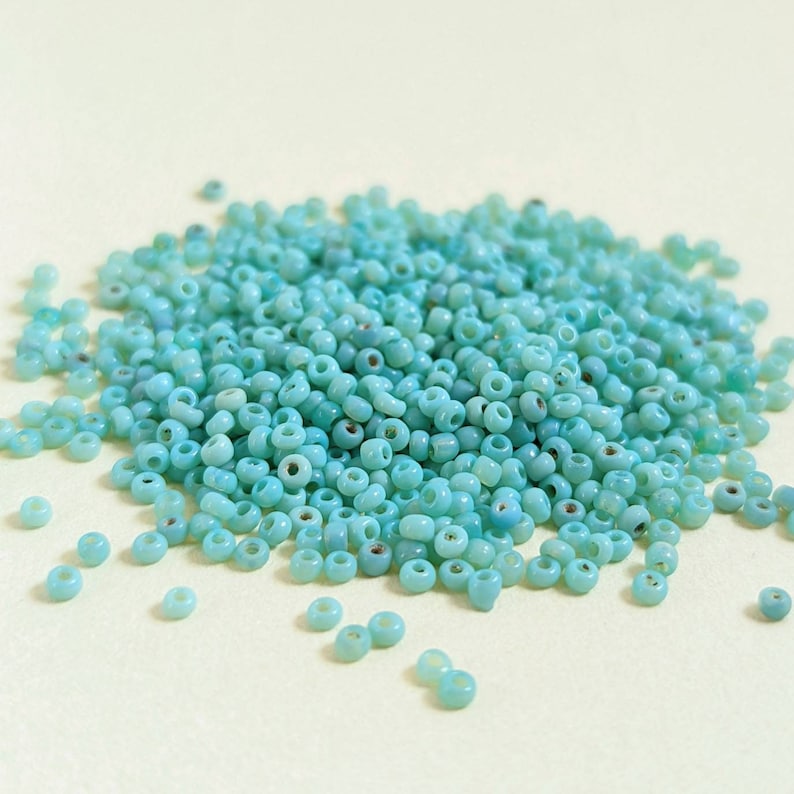 TURQUOISE GREEN OPAL variegated antique Venetian size 11/0 translucent opaline glass seed beads 10 grams image 1