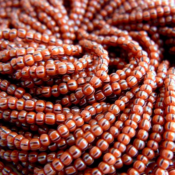 BURGUNDY BLACK WHITE stripes size 11/0 Czech glass seed beads opaque brown trade beads full or half hank