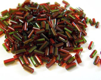 TWO TONE HARLEQUIN Siam Red Emerald Green Czech 1.85 x 4.5 mm Colorfast Transparent Glass Size 2 Tube Bugle Beads 10 grams