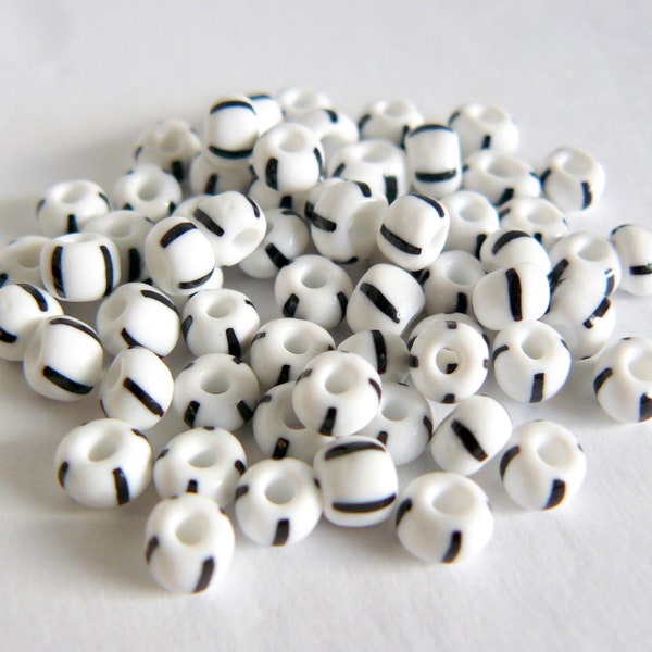 WHITE BLACK STRIPES size 3/0 vintage Czech seed beads opaque glass striped pony beads 10 grams