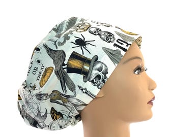 Halloween Scrub Cap, Women's Euro Fall Scrub Hat with Skulls, a Skeleton Witch, Pumpkins