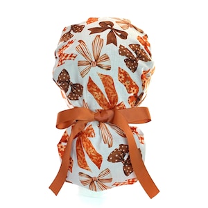 Fall Bows Ponytail Scrub Cap, Women’s Thanksgiving Surgical Scrub Hat for   Long Hair
