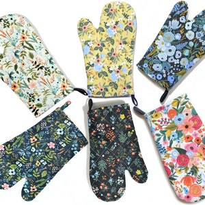 Rifle Paper Oven Mitt, Set or Single Mitt Floral Print Potholder, Extra Thick, 11 inches tall, Covers Wrist