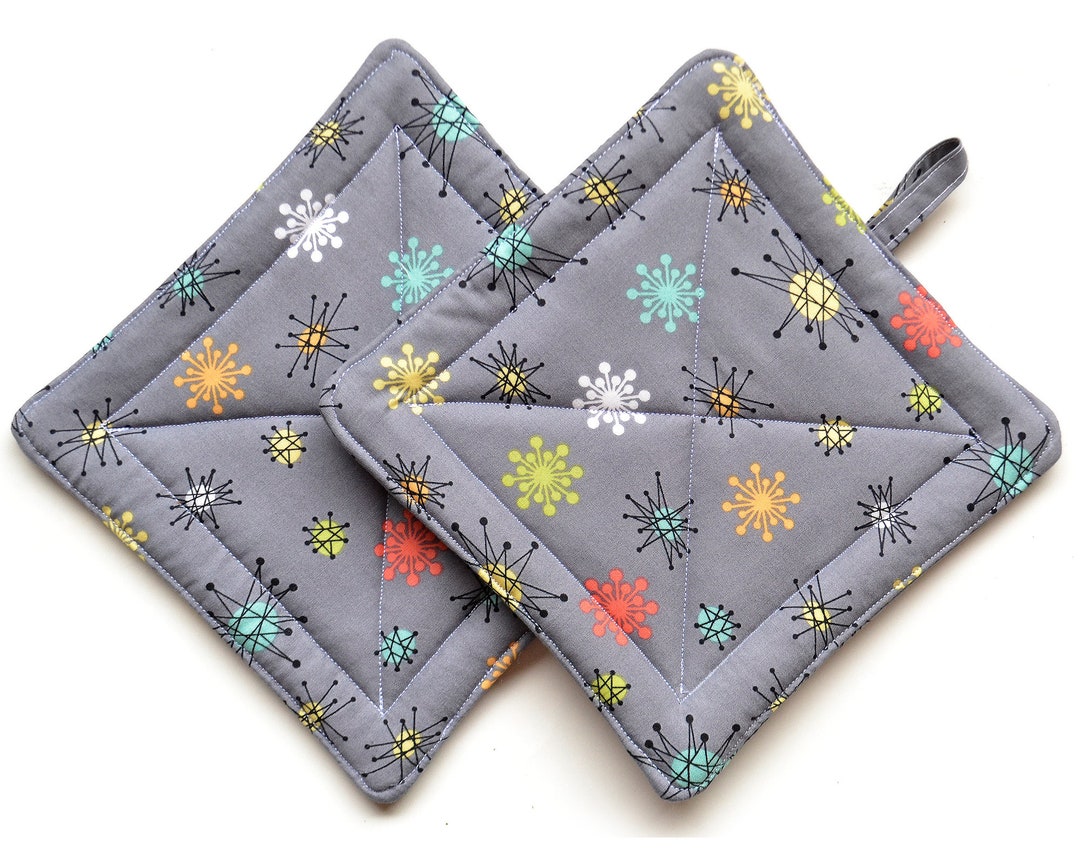 Mid Century Modern Pot Holder Set of 2, Grey Retro Potholder, Decor