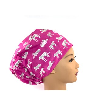 Purple Euro Scrub Cap, Women's Fuchsia Animal Print Surgical Cap with Cats