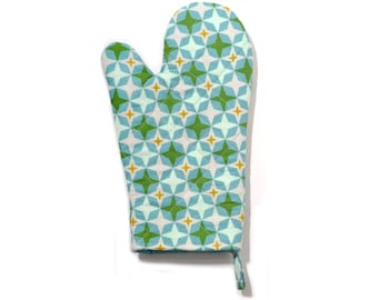 Teal Retro Oven Mitt or Potholders, Star Print Extra Thick, 12 inches tall, Covers Wrist, Aqua, Turquoise