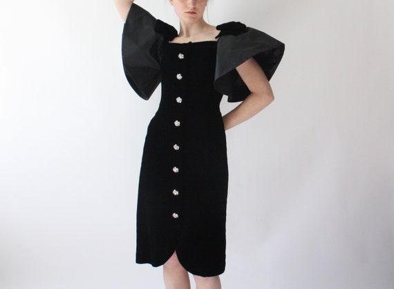 1980s Velvet Formal Gown | Puff Sleeve Gown | Vin… - image 6