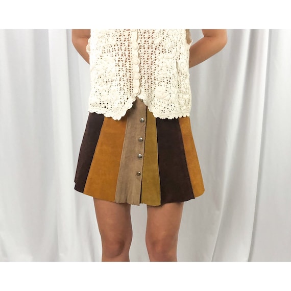 Patchwork Suede 70s Mini Skirt Snap Front Retro S… - image 2