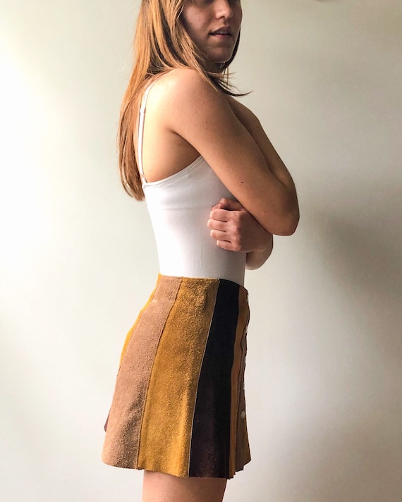 Patchwork Suede 70s Mini Skirt Snap Front Retro S… - image 8