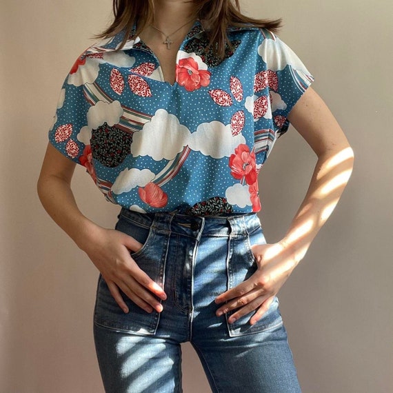 1970s floral polyester blouse | summer blouse | vi