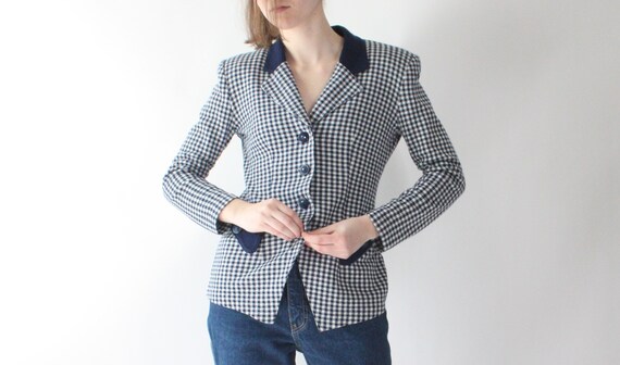 vintage 1980s gingham blazer | navy blue gingham … - image 2