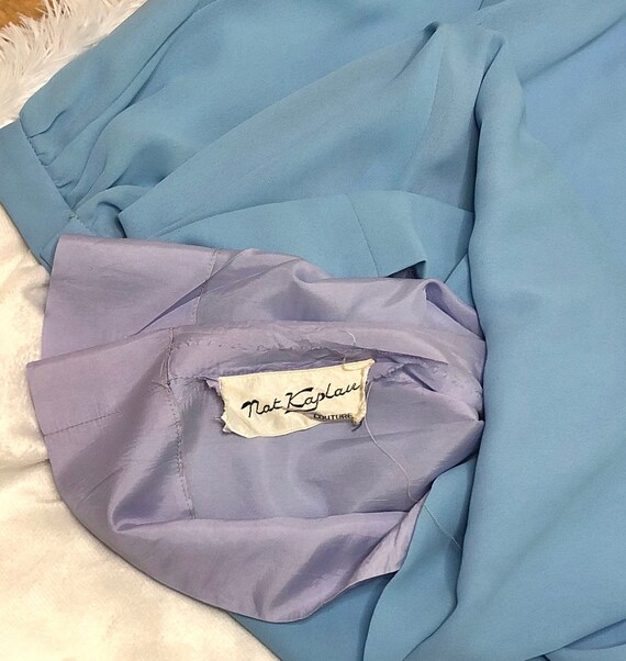 1960s Nat Kaplan Couture Light Blue Crepe Belted … - image 6