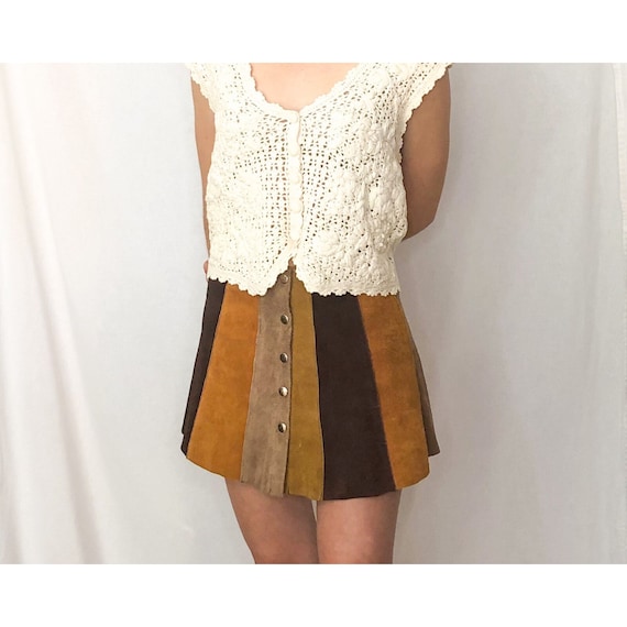Patchwork Suede 70s Mini Skirt Snap Front Retro S… - image 1