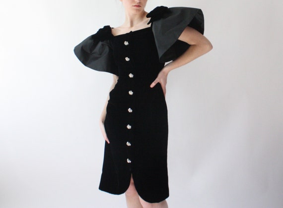 1980s Velvet Formal Gown | Puff Sleeve Gown | Vin… - image 1
