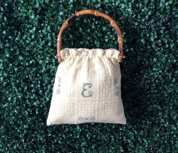 vintage embroidered bag | cross stitch purse | bamboo handles | crochet bag | knitting bag | yarn bag | mini purse | View 2