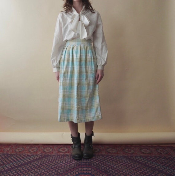 1970s pastel plaid midi skirt | 70s plaid skirt | 