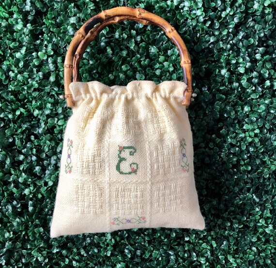 vintage embroidered bag | cross stitch purse | bamboo handles | crochet bag | knitting bag | yarn bag | mini purse |
