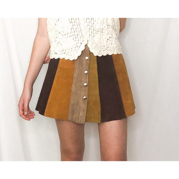 Patchwork Suede 70s Mini Skirt Snap Front Retro S… - image 3